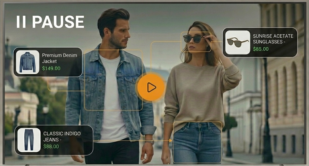 Smart TV paused — VideoTarget.AI detects and overlays shoppable products